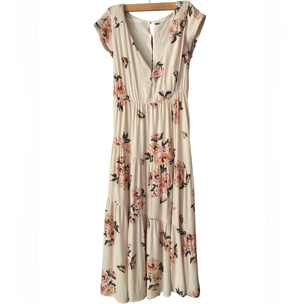 Free People All I Got Floral Maxi tiered Dress  short sleeve prarie lined